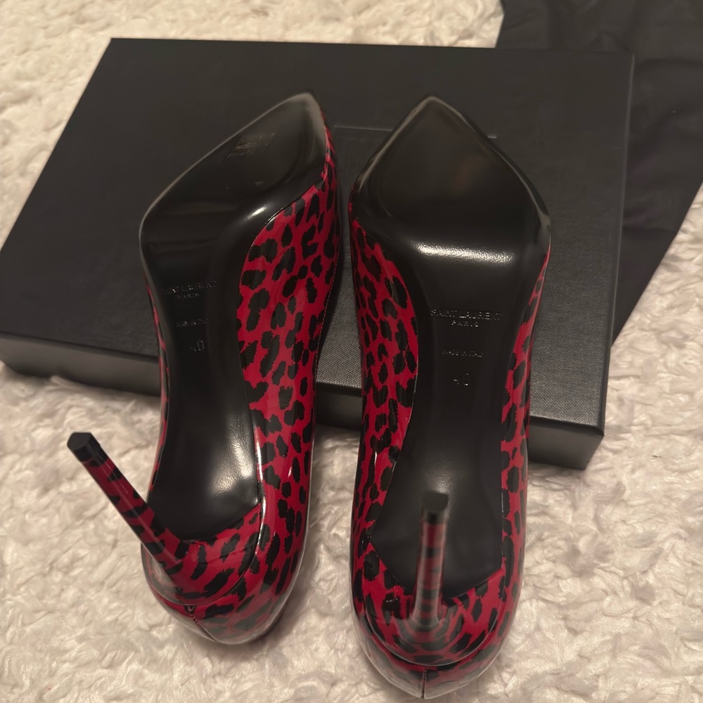 Saint Laurent Chiffon Babycat rouge Leopard Patent Pointed-Toe Pumps 40 NEW - Picture 5 of 9
